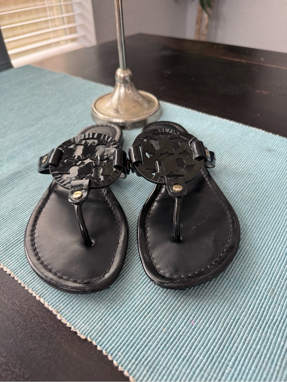 Tory Burch Black Miller Patent Leather Thong Sandals size 6